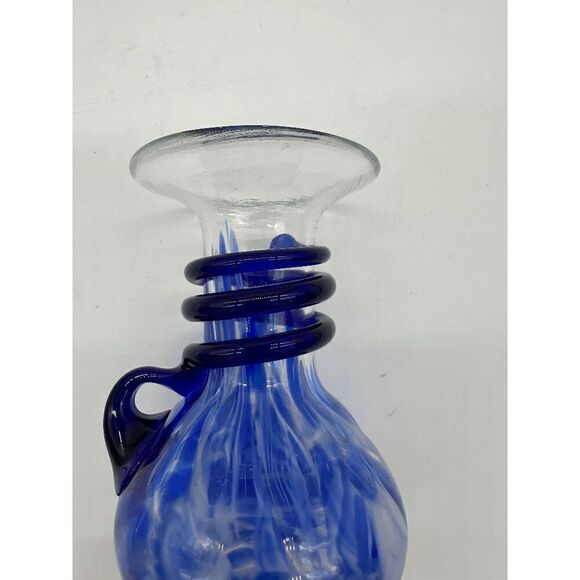 Murano Style Glass Vase Hand Blown w/ Handle 5” Blue - Picture 6 of 9